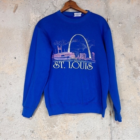 Vintage 80s velvasheer royal blue St. Louis pink puff paint skyline sweatshirt - Picture 2 of 7